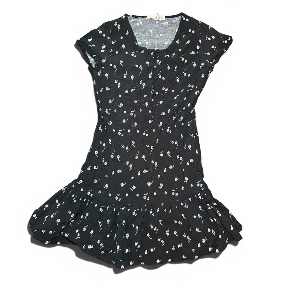 Passport Black Daisy Floral Print Button Front Ruffle Hem Mini Dress Large